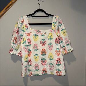 Draper James White Floral Eyelet Square-Neck Blouse